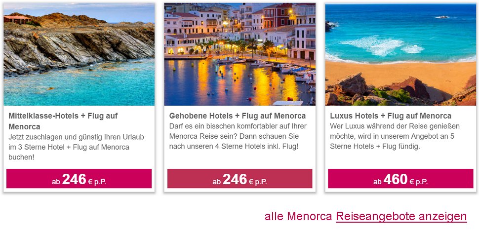 Menorca Reisen Frhbucher Angebote Spanien Flug & Hotel 5-Sterne All-Inclusive oder Halbpension  ab  246.-