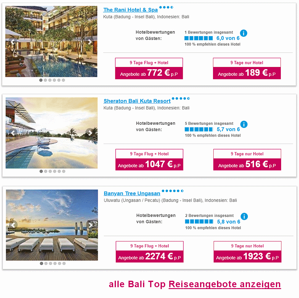 Bali Top Reise Angebote Flug & Hotel 4 bis 5-Sterne - 9 Tage ab  772.-