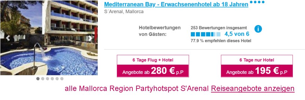 Mallorca Reisen S-Arenal Frühbucher Angebote Flug & Hotel 4 Sterne All-Inclusive ab € 280.-