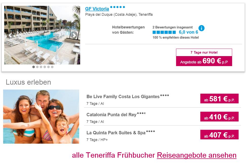 Teneriffa Reisen Frühbucher Angebote Spanien Flug & Hotel  ab € 199.-