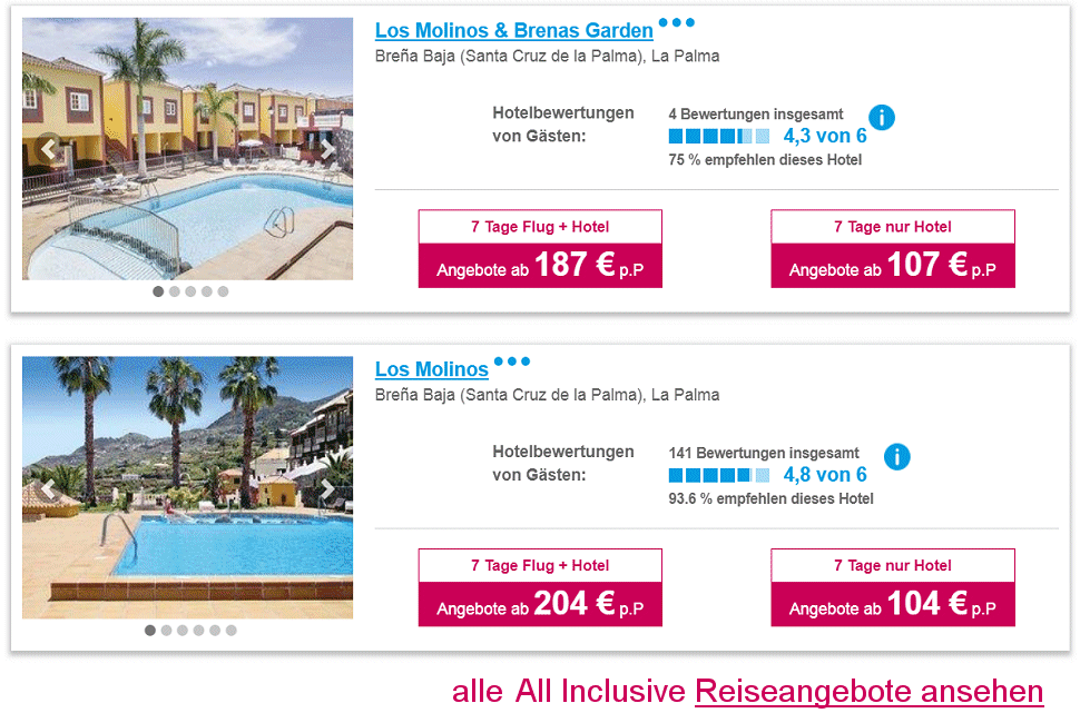La Palma All-Inclusive Reisen Flug & Hotel 4 oder 5-Sterne ab € 187.-