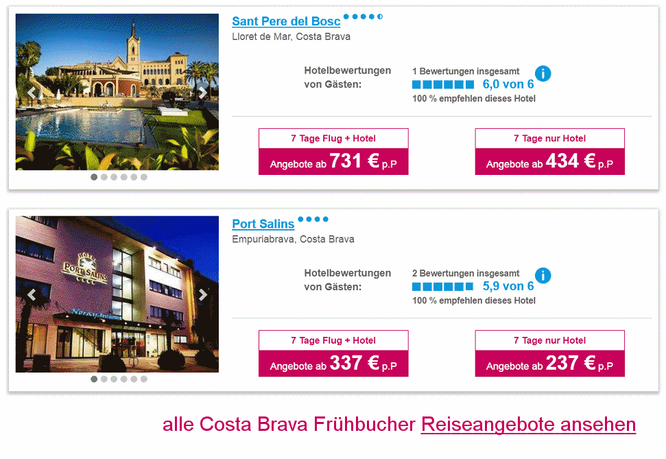 Costa Brava Reisen Frühbucher Angebote - Costa Brava Flug & Hotel 3 bis 5-Sterne All-Inclusive  ab € 164.-