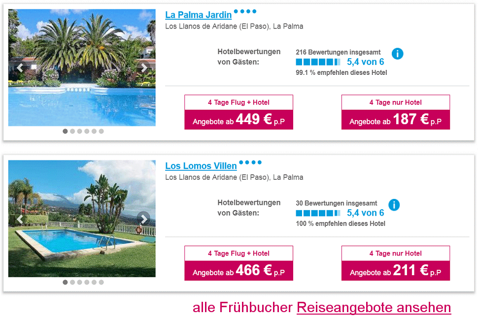 La Palma Reisen Frühbucher Angebote Flug & Hotel  ab € 449.-