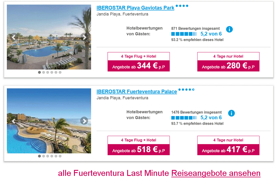 Fuerteventura Last Minute Reisen Flug & Hotel 4 oder 5-Sterne ab € 231.-