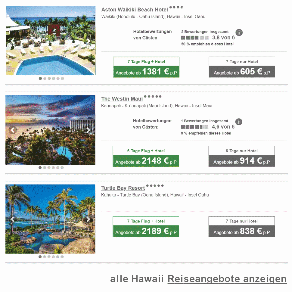 Hawaii Reisen - Top Hotel und Flug - 7 Tage ab € 1381.- hier buchen