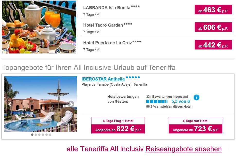 Die besten Teneriffa All-Inclusive Reiseanbebote mit Flug & Hotel 4 oder 5-Sterne ab  357.-